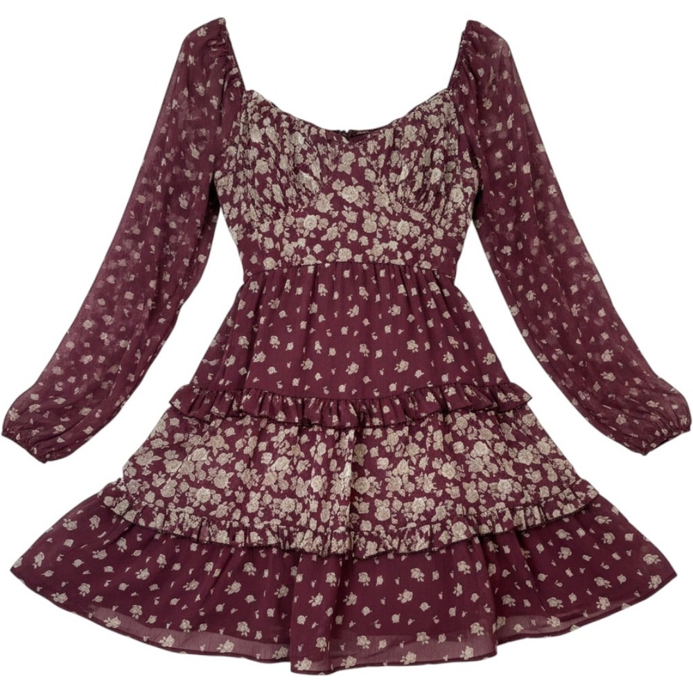 Arula Floral Tiered Juliana-A ‎ Burgundy Mini Dress Womens 2X Cottagecore Boho